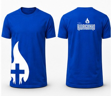 Camiseta Tio Rodriguinho azul, frente e costas
