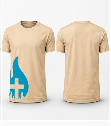 Camiseta bege com estampa azul, frente e costas