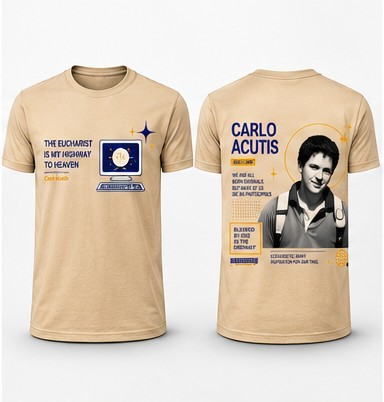 Camiseta Carlo Acutis bege, frente e costas
