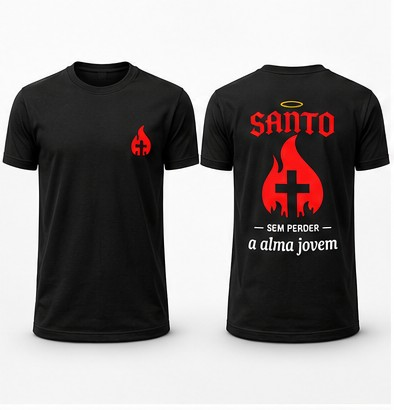 Camiseta preta Santo sem perder a alma jovem, frente e costas