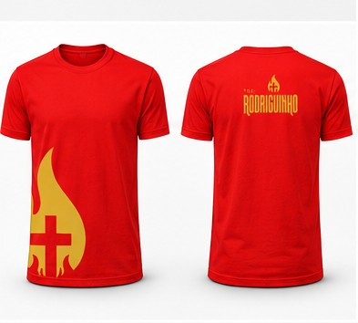Camiseta Tio Rodriguinho vermelha com estampa dourada, frente e costas